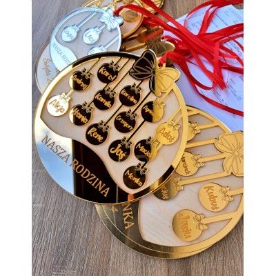 Bombka rodzinna + drewniany stojak. Lustrzana